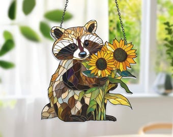 Raccoon Acrylic Window Suncatcher, Sunflower Raccoon Ornament, Cute Animal Window Decor, Gift for Kids or Mom, Woodland Raccoon Decoration