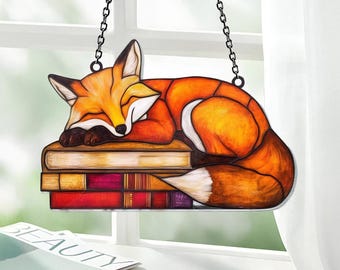 Räv sover på bok akryl fönsterhängande, räv heminredning rävgåva, väggkonstdekoration, rävälskare present, bibliotekarie present, bokälskare present