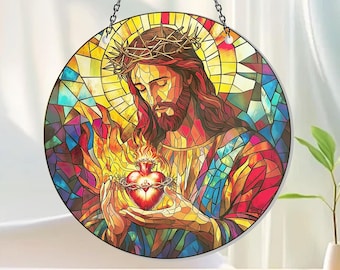 Sacred Heart of Jesus Religious Window Hanging,Christian Acrylic Suncatcher , Catholic Wall Art, Gift of Faith, Jesus Ornament for Believers