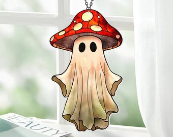 Halloween Ghost Mushroom Suncatcher, Magic Mushroom Acrylic Window Hanging, Spooky Home Decor, Ghost Plant Lover Gift, Cute Halloween Gift