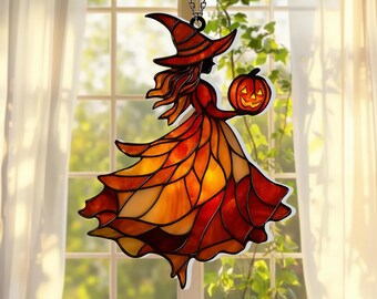 Dyniowa latarnia na Halloween, akrylowa ozdoba czarownicy – czarownica i dyniowa latarnia na okno, upiorny jesienny prezent dla miłośnika czarownic
