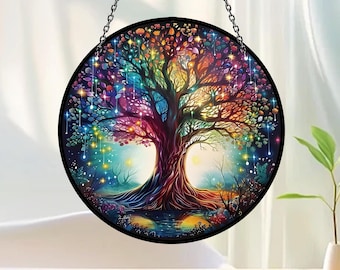 Levensboom acryl raam hangend, gebrandschilderd glas stijl suncatcher kunst aan de muur voor slaapkamer, tuin – cadeau voor moeder, oma, leraar