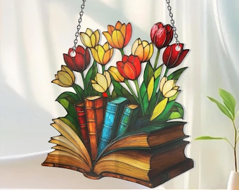 Tulpen- und Buch-Sonnenfänger, Acryl-Sonnenfänger für Leser, Blumendekor für Leseratten, Buchclub-Geschenk, Lesergeschenk, Bücherwurm-Dekoration