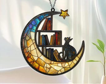 Cat Book on the Moon Acrylic Window Hanging, Book Lover Gifts, Book Suncatcher Window Decor, Indoor Decor, Book Ornament, Librarian Gifts