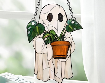 Cute Ghost Plant Suncatcher,Acrylic Suncatcher Haning Decor,Pendant Wall Window Ornament,Halloween Ghost Window Hangings, Plant Lovers Gift
