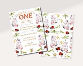 One Cute Bug Invitation | 1st Birthday Invite | Baby Girl Birthday Party | Bug-Themed Party | Butterfly Party | Editable Invite Template
