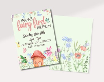 Fairy First Birthday Party Invitation | 1st Birthday Invite | Girl Birthday Party | Whimsical Themed Invitation | Digital Invite Template