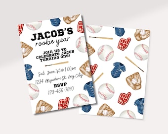 Rookie Year Birthday Invitation | 1st Birthday Party Invite | Baseball-Themed Party | Digital Template | Editable Invite Template