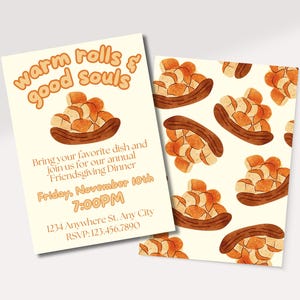 Warm Rolls & Good Souls Invite | Thanksgiving Invitation | Friendsgiving Invitation Template | Customizable Digital Template | Evite