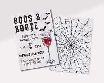 May include: A Halloween party invitation with a black and white spiderweb background. The invitation reads "Boo's & Booze" with a glass of red wine and the text "Join us for a Halloween Party! Sat Oct 31 10pm Costumes Encouraged 1234 Anywhere St, Any City RSVP: 123-456-7890"
