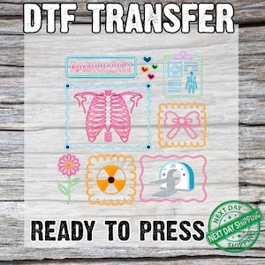 May include: DTF transfer sheet with the text "DTF TRANSFER" at the top and "READY TO PRESS" at the bottom. The design includes medical-themed graphics such as a rib cage, CT scanner, and the word "RADIOLOGY".
