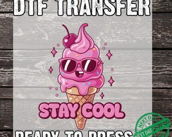 Iron On, Stay Cool Ice Cream Truck DTF Transfer,  Ready to Press Heat Transfer for T-Shirts, Summer Retro Cute Raccoon Design
