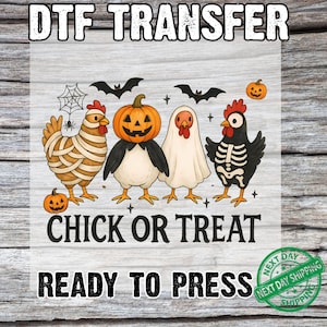 Chick Or Treat DTF Transfer Ready to Press, Halloween Chicken Heat Design for Shirts, Spooky Costume Iron On, Funny Fall Rooster Plotter