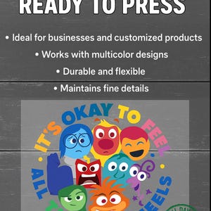 Puede incluir: Transferencia DTF, lista para planchar, con un gr&aacute;fico colorido de personajes de dibujos animados y el texto "It's Okay to Feel All the Feels". Ideal para empresas y productos personalizados.