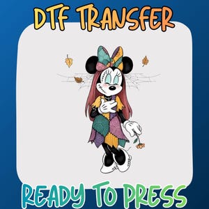 May include: A DTF TRANSFER READY TO PRESS graphic featuring a cartoon mouse character with long reddish hair, a stitched face, and a patchwork dress. The character wears a matching patchwork bow, holds a small orange flower, and is surrounded by spiderwebs and falling autumn leaves.