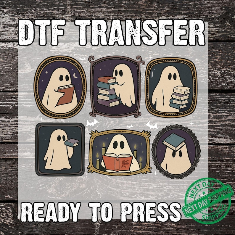 Ghost Reading Book Ready to Press DTF, Librarian Ghost Print, Halloween Teacher Gift Print, Black Cat And Book DTF, Heat Press DTF Transfer