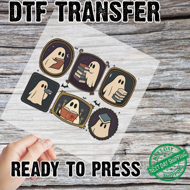 May include: DTF TRANSFER with the text "READY TO PRESS". The image shows a sheet with six framed ghost illustrations, each holding a book. The frames are various shapes and colours, with a spooky theme. The ghosts are white with black eyes.