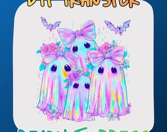 Holographic Ghosts DTF Transfer Ready to Press, Cute Halloween Heat Design for Shirts, Pastel Floral Bows Iron On, Spooky Girly Plotter