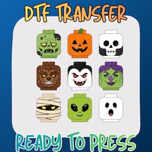 May include: A DTF transfer sheet featuring nine cartoon block-style character heads including a zombie, pumpkin, skull, werewolf, vampire, witch, mummy, alien, and ghost. The text DTF TRANSFER and READY TO PRESS is printed in orange and green.