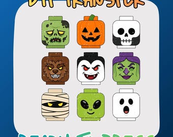 Spooky Brick DTF Transfer Ready to Press, Halloween Block Head Heat Design for Shirts, Cute Ghost Vampire Iron On, Building Toy Plotter