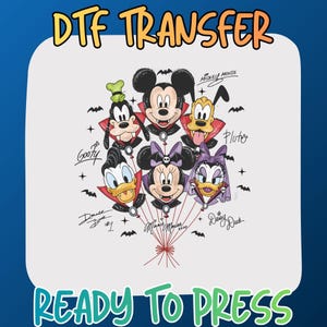 May include: A DTF transfer ready to press featuring a graphic of six Disney characters dressed as vampires, including Mickey, Minnie, Donald, Daisy, Goofy, and Pluto. The characters are arranged like balloons with red strings, surrounded by small bats and stars.