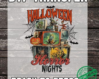 May include: DTF transfer featuring a vintage Halloween design. The design includes stacked televisions displaying classic horror movie monsters, a jack-o'-lantern, and the words "Halloween Horror Nights." The text "Ready to Press" is also included.