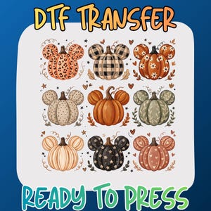 Mickey Pumpkin Pattern DTF Transfer Ready to Press, Leopard Plaid Floral Heat Design, Fall Thanksgiving Iron On Decal, Disney Park Shirt DIY