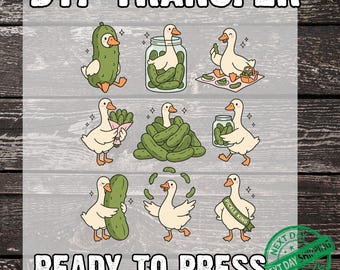 Cute Pickle Goose DTF Transfer Ready to Press, Funny Duck Jar Heat Transfer for T-Shirts, Retro Cartoon Animal Lover Kawaii DIY Print Film