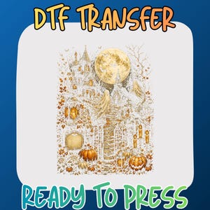 Gothic Cemetery DTF Transfer Ready to Press, Halloween Haunted House Heat Design for Shirts, Vintage Ghost Iron On, Spooky Pumpkin Plotter