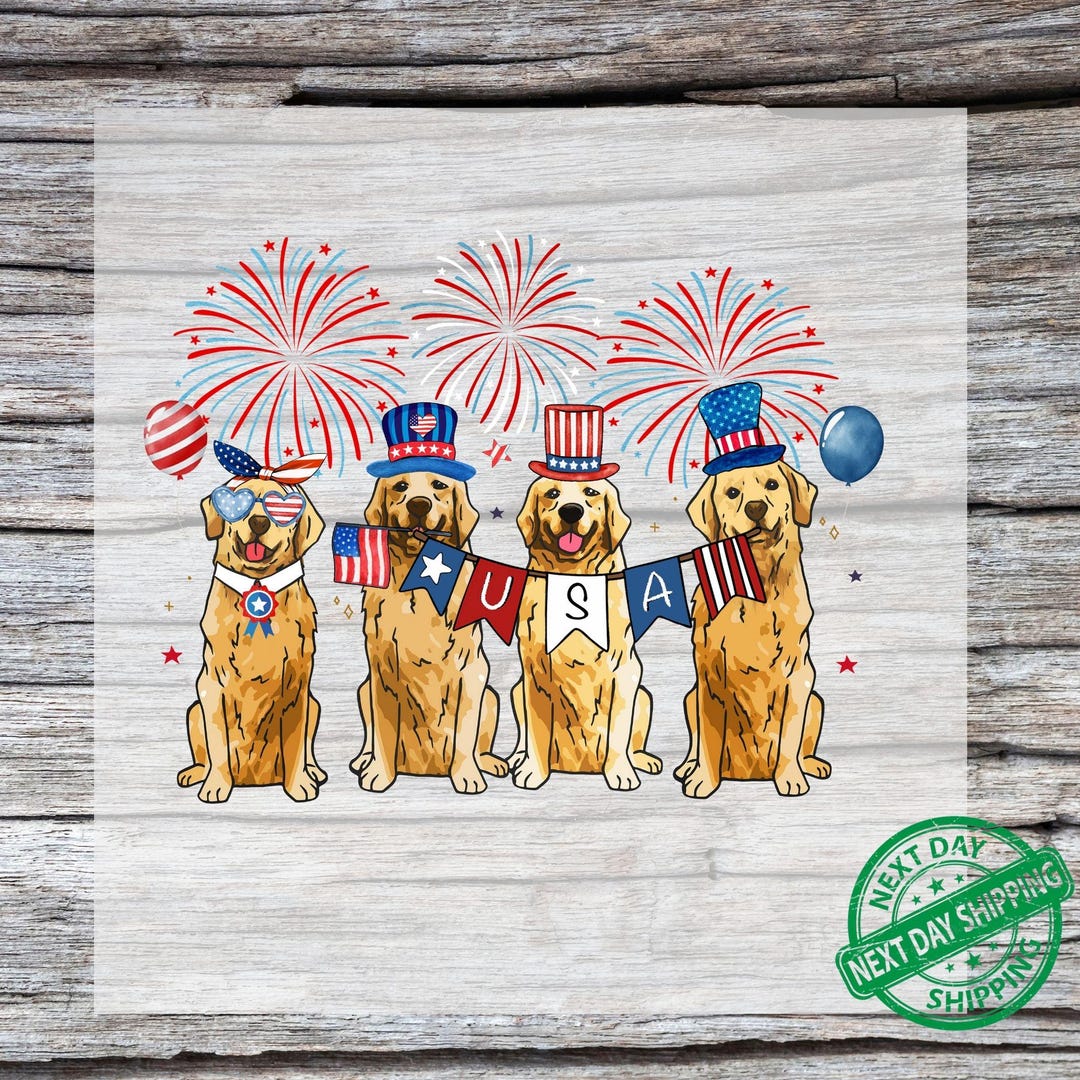 American Golden Retriever Dog DTF Transfer, 4th of July Ready to Press ...