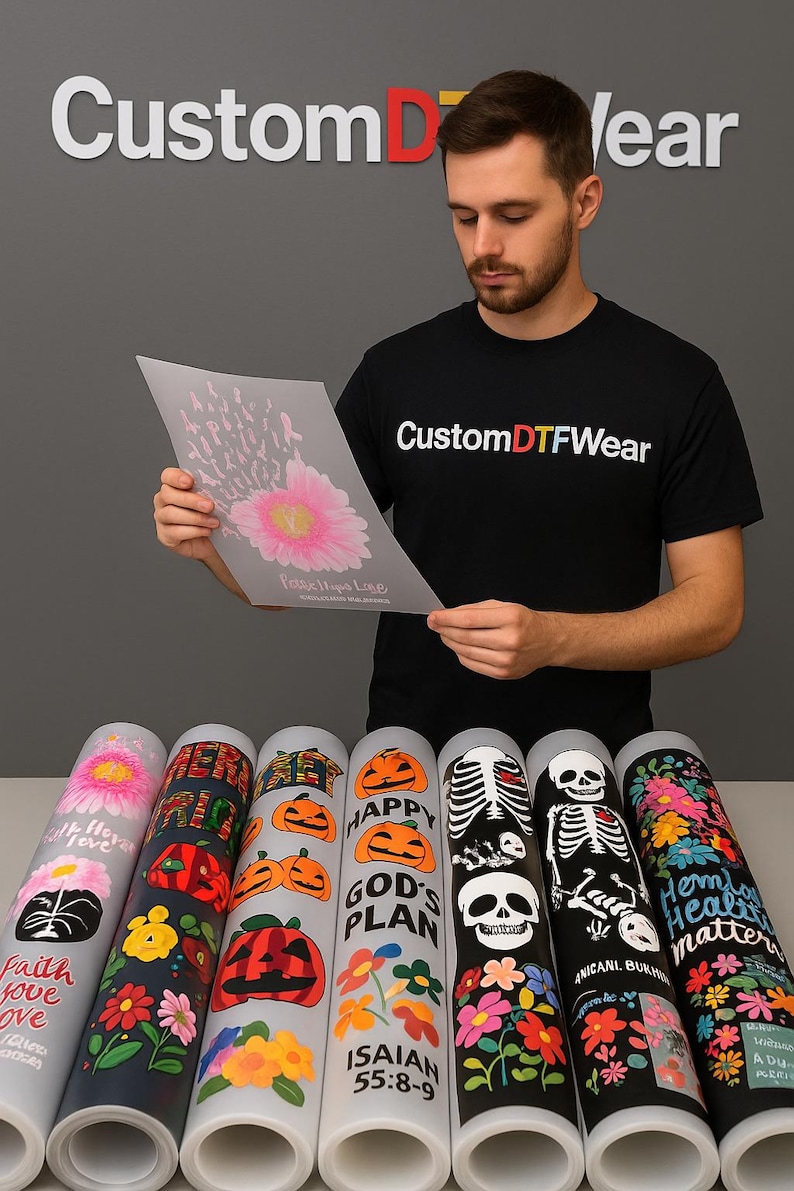 Puede incluir: Una persona sostiene una hoja impresa con un dise&ntilde;o de flor rosa, con varias hojas de transferencia enrolladas debajo. Los rollos presentan varios dise&ntilde;os, incluyendo flores, calabazas, esqueletos y texto. La persona lleva una camiseta negra con "Custom DTF Wear".