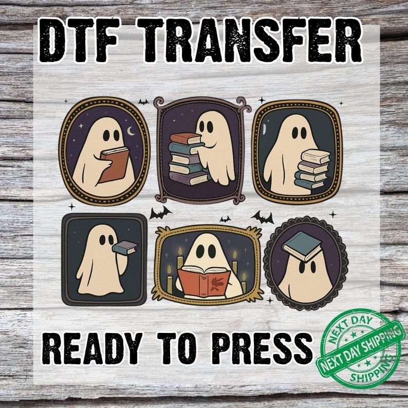 May include: DTF TRANSFER and READY TO PRESS text above and below a design featuring six cartoon ghosts holding books within decorative frames. The design includes bats and stars, perfect for Halloween or book lovers.