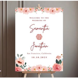 Floral Asian Wedding Welcome Sign, Chinese and Vietnamese Tea Ceremony Sign, Double Happiness, Red Pink, Minimalist, Customizable with Canva