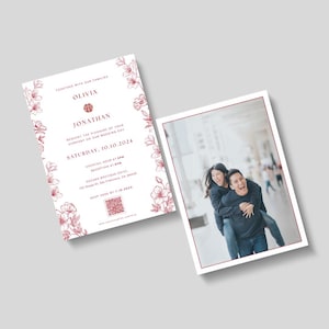 Modello per invito a nozze, modello fai da te per invito a nozze asiatico-vietnamita-cinese, stampabile, con fiori rossi "Double Happiness", personalizzabile con Canva