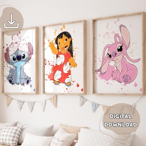 3 Watercolor Stitch Posters - Lilo & Stitch, Ohana Means Family, Stitch Wall Art, Digital Download, Stitch Printable Posters, Nursery Decor