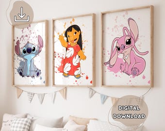 3 Watercolor Stitch Posters - Lilo & Stitch, Ohana Means Family, Stitch Wall Art, Digital Download, Stitch Printable Posters, Nursery Decor