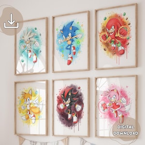 May include: Six framed watercolour prints featuring characters from the Sonic the Hedgehog video game series. The characters include Sonic, Tails, Knuckles, Shadow, Amy, and Silver. Each print has a watercolour effect with vibrant colours and is labelled "DIGITAL DOWNLOAD".