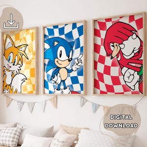 3 pósteres de Sonic a cuadros - Sonic the Hedgehog, láminas para niños, idea de regalo de cumpleaños, habitación de niño, póster de Tails y Knuckles, láminas minimalistas