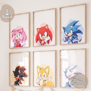 6 impresiones de Sonic The Hedgehog: impresiones de Sonic en acuarela, arte de pared de Sonic, carteles minimalistas de Sonic, decoración de guardería, cumpleaños, baby shower