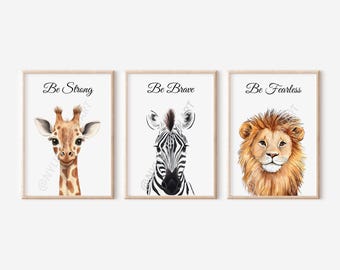 Set Of 3 Mnimalist Safari Wall Art - Zebra, Tiger, Giraffe, Gift for Kids, Kids Room Decor, Affirmation Poster, Be Brave, Be Strong, Decor