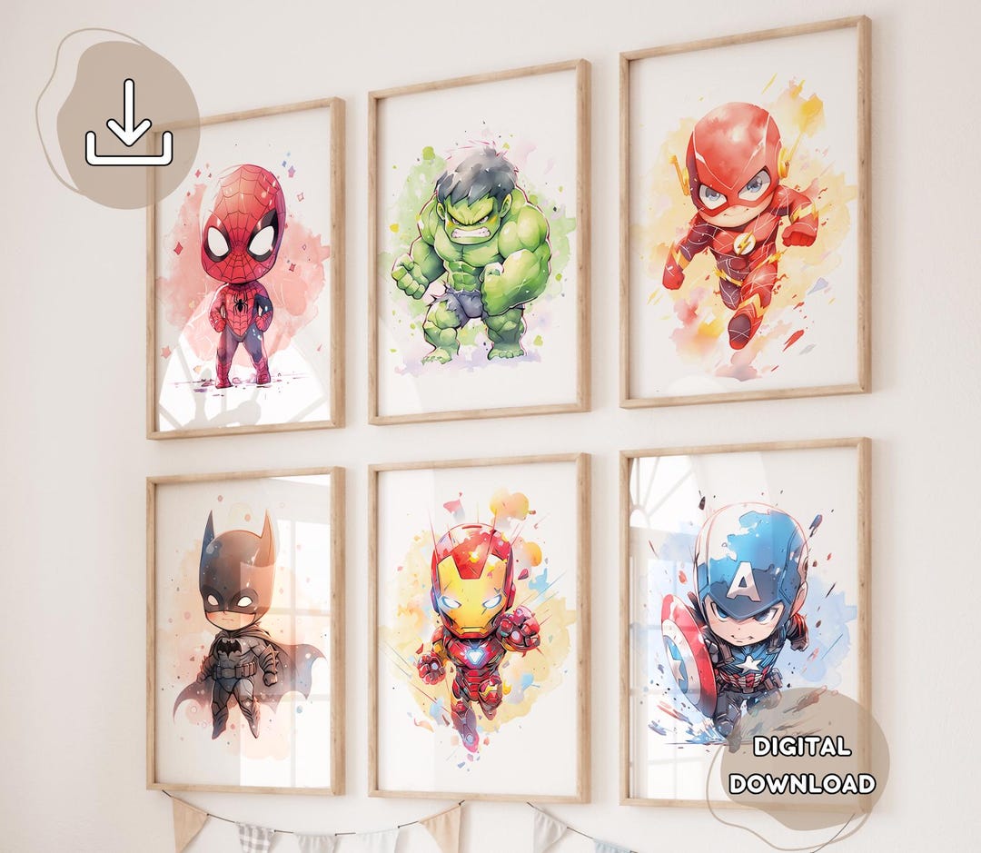6 Superheroes Drawing Wall Art - Kids Room Decor, Playroom Decoration ...
