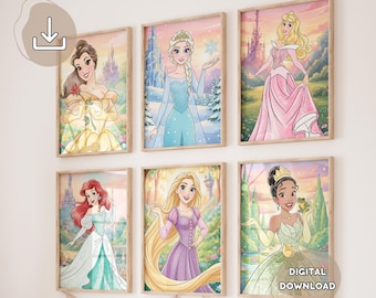 May include: Six framed art prints featuring Disney princesses: Belle, Elsa, Aurora, Ariel, Rapunzel, and Tiana. Each print showcases a princess in a colorful, illustrated style, set against a fairytale background. The prints are displayed on a white wall.