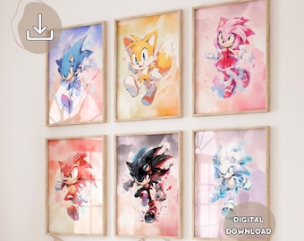 May include: Six framed watercolor prints featuring characters from the Sonic the Hedgehog series. The prints showcase Sonic, Tails, Amy, and other characters in dynamic poses, with a "DIGITAL DOWNLOAD" label.