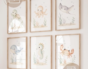 Set van 6 oceaanprints voor de kinderkamer: zeeschildpad, octopus, walvis, zeepaardje en krab. Digitale download van onderwaterkunst voor aan de muur, ideaal voor de speelkamer.