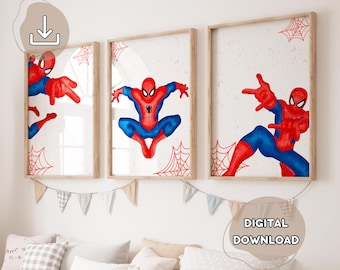 3 pósteres imprimibles de Spiderman con temática de araña, arte mural de superhéroes en acuarela, regalo para niños, impresiones de superhéroes para dibujar, regalo para habitación de niño.