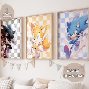 Set Of 3 Sonic Checkered Posters - Sonic the Hedgehog, Prints for Kids, Birthday Gift Idea, Boys Room, Tails, Shadow, Sonic Wall Art Toddler