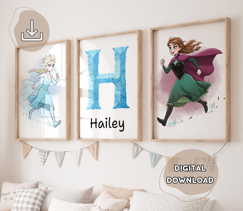 May include: Three framed prints featuring cartoon characters and a personalized initial. One print shows a character in a blue dress, another displays a blue letter "H" with the name "Hailey" below, and the third depicts a character in a green dress.