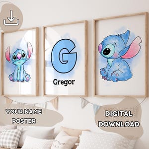Lot de 3 affiches de points personnalisées - Votre nom, cadeau de fête prénatale, impression de points aquarelle, impressions pour enfants, Lilo & Stitch, Ohana signifie famille