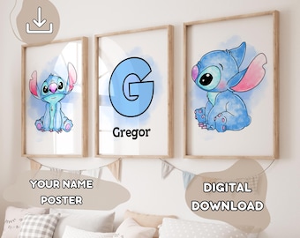 Set Of 3 Custom Stitch Poster - Your Name, Baby Shower Gift, Watercolor Stitch Print, Prints for Kids, Lilo & Stitch, Ohana means Family