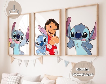 3 Aesthetic Stitch Posters - Lilo & Stitch, Ohana Means Family, Stitch Wall Art, Digital Download, Stitch Printable Posters, Nursery Decor